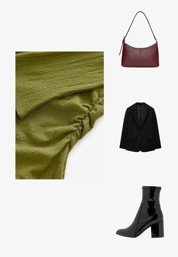 Blazer nero realizzato in tessuto morbido con chiusura a un bottone, revers a punta e due tasche frontali. Design minimalista, vestibilità sartoriale.; Tessuto verde oliva texturizzato, caratterizzato da un motivo ondulato e dettagli arricciati. Morbido e leggermente elastico, adatto per capi d'abbigliamento versatili.; Stivale alla caviglia in patent nero con una texture liscia, punta appuntita e tacco a blocco strutturato. Presenta un design senza zip e cuciture a contrasto.; Borsa a tracolla in pelle bordeaux con forma curvata, una sola tracolla e dettagli cuciti al centro. Texture liscia, hardware minimale.
