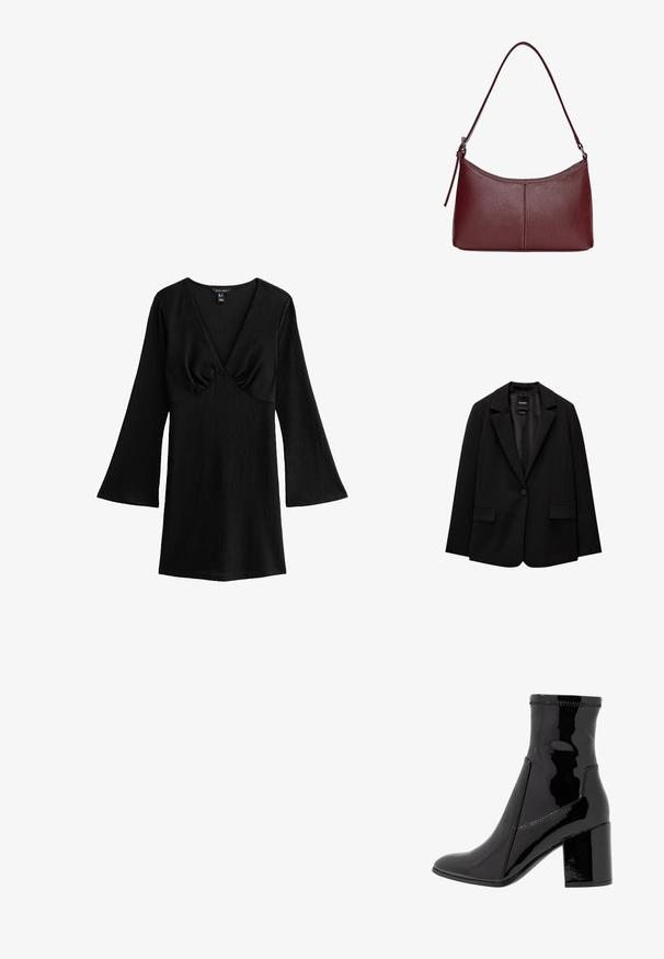 Schwarzer Blazer aus glattem Stoff mit einem Knopfverschluss, abgesetztem Revers und zwei vorderen Taschen. Minimalistisches Design, taillierte Passform.; Schwarzes, geripptes Kleid mit tiefem V-Ausschnitt, ausgestellten langen Ärmeln und taillierter Silhouette. Der strukturierte Stoff sorgt für visuelles Interesse.; Schwarze, lackierte Knöchelstiefel mit glatter Textur, spitzem Zeh und strukturiertem Blockabsatz. Verfügt über ein reißverschlussfreies Design und kontrastierende Nähte.; Bordeauxfarbene Ledertasche mit geschwungener Form, einem einzigen Schulterriemen und gesteppten Details in der Mitte. Glatte Textur, minimales Zubehör.