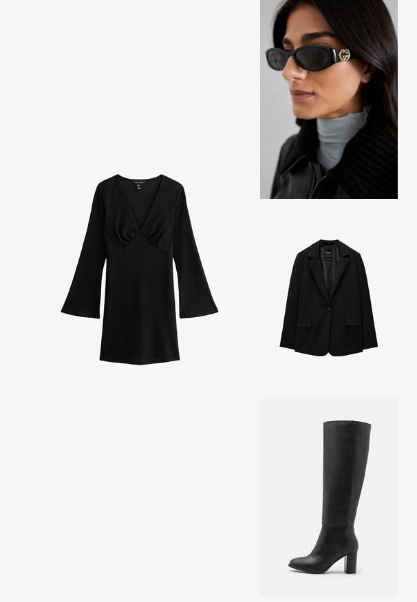 Czarna marynarka wykonana z gładkiego materiału, z pojedynczym zapięciem na guzik, wykrojonymi klapami i dwoma przednimi kieszeniami. Minimalistyczny design, dopasowany krój.; Czarna, prążkowana sukienka z głębokim dekoltem w kształcie litery V, rozszerzanymi długimi rękawami i dopasowanym krojem. Teksturowany materiał nadaje wizualne zainteresowanie.; Czarne kozaki do kolan wykonane z gładkiej skóry, z szerokim obcasem i zaokrąglonym czubkiem. Minimalistyczny design bez widocznych elementów metalowych czy dekoracji.; Czarne okulary przeciwsłoneczne o eleganckim, prostokątnym kształcie z logo w kolorze złotym na boku. Ciemne soczewki i błyszczące wykończenie są wyraźnie widoczne.; Czarna torba na ramię wykonana z gładkiego materiału, o zaokrąglonym kształcie, z złotym zamkiem błyskawicznym i złotym wytłoczonym logo na przedniej stronie.