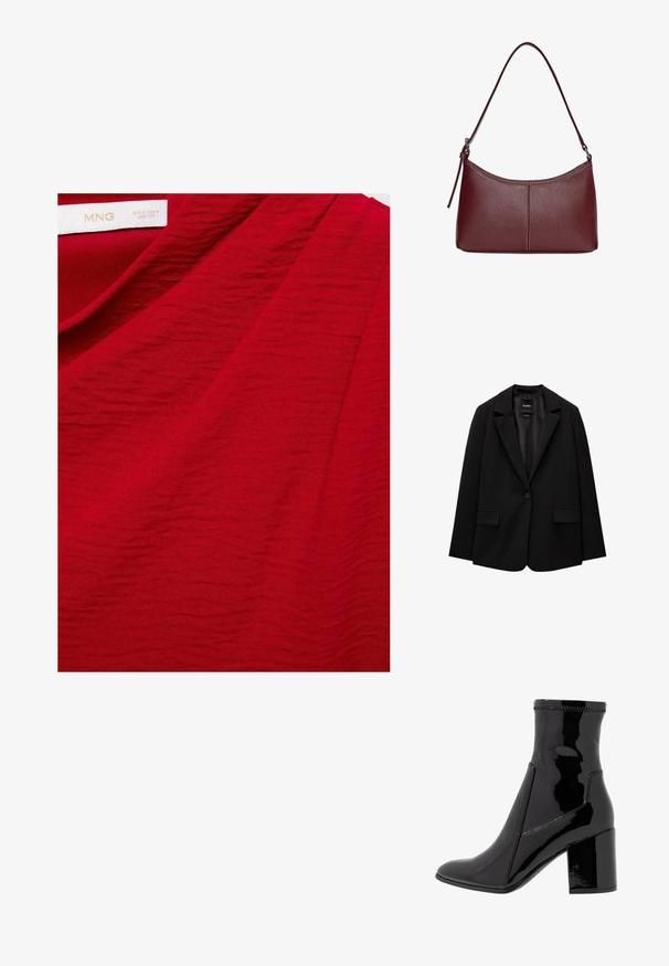 Schwarzer Blazer aus glattem Stoff mit einem Knopfverschluss, abgesetztem Revers und zwei vorderen Taschen. Minimalistisches Design, taillierte Passform.; Roter strukturierten Stoff mit dezenten Wellen, beschriftet mit "MNG", der eine glatte Oberfläche und lebendige Farben zeigt. Ideal für Bekleidungsdesign.; Schwarze, lackierte Knöchelstiefel mit glatter Textur, spitzem Zeh und strukturiertem Blockabsatz. Verfügt über ein reißverschlussfreies Design und kontrastierende Nähte.; Bordeauxfarbene Ledertasche mit geschwungener Form, einem einzigen Schulterriemen und gesteppten Details in der Mitte. Glatte Textur, minimales Zubehör.