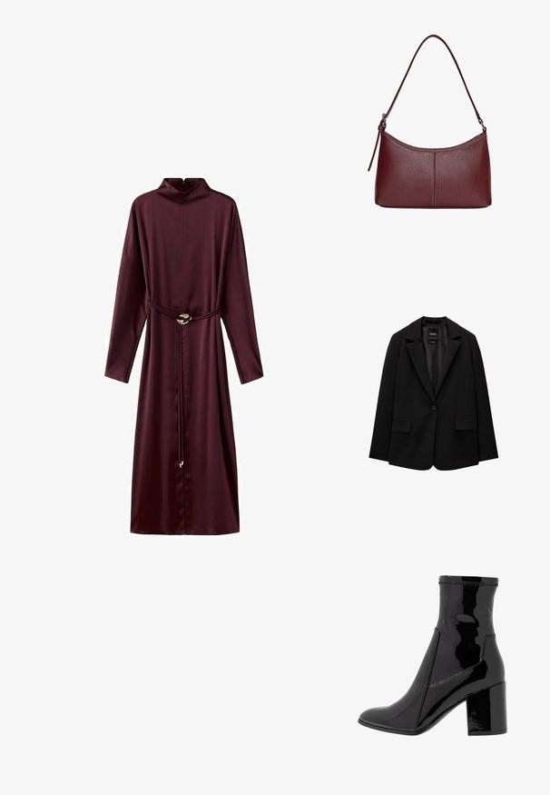 Čierny blejzer vyrobený z hladkej tkaniny s jedným gombíkom, klapkovými nohavicami a dvomi prednými vreckami. Minimalistický dizajn, strih na mieru.; Bordová dlhá šaty s dlhým rukávom a vysokým golierom, s úzkym pásom zúženým opaskom a elegantnou, hladkou textúrou. Obsahuje okrúhly kovový detail s prackou.; Čierne lakované členkové čižmy s hladkým povrchom, špicatou špičkou a pevným blokovým opätkom. Disponujú dizajnom bez zipsu a kontrastným prešívaním.; Bordová kožená kabelka s zakriveným tvarom, s jedným ramenným popruhom a prešitými detailmi v strede. Hladký povrch, minimalistické príslušenstvo.