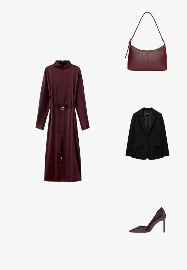 Čierny blejzer vyrobený z hladkej tkaniny s jedným gombíkom, klapkovými nohavicami a dvomi prednými vreckami. Minimalistický dizajn, strih na mieru.; Bordová dlhá šaty s dlhým rukávom a vysokým golierom, s úzkym pásom zúženým opaskom a elegantnou, hladkou textúrou. Obsahuje okrúhly kovový detail s prackou.; Burgundské lakované lodičky na vysokom opätku, s špicatou špičkou, elegantným siluetou a stiletto opätkom. Hladký povrch s lesklým finišom.; Bordová kožená kabelka s zakriveným tvarom, s jedným ramenným popruhom a prešitými detailmi v strede. Hladký povrch, minimalistické príslušenstvo.
