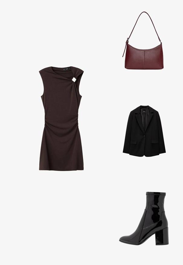 Blazer noir en tissu lisse avec une fermeture à bouton unique, des revers crantés et deux poches avant. Design minimaliste, coupe ajustée.; Robe marron à manches courtes, avec un design torsadé à l'épaule et un ruché à la taille, fabriquée dans un tissu lisse et extensible.; Bottine noire en vernis avec une texture lisse, bout pointu et un talon bloc structuré. Caractérisée par un design sans fermeture éclair et des coutures contrastées.; Sac à main en cuir bordeaux avec une forme arrondie, une bandoulière unique et des coutures au centre. Texture lisse, matériel minimal.