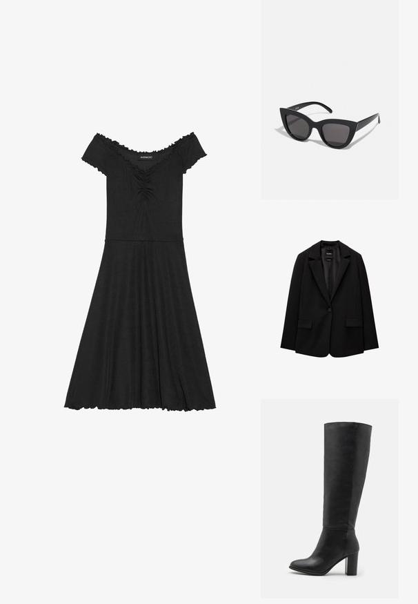 Svart blazer i slätt tyg med enknappsstängning, spetsig krage och två framfickor. Minimalistisk design, skräddarsydd passform.; Svart off-shoulder klänning av ribbat tyg, med en figursydd överdel, utsvängd kjol och vågig detaljering vid halsringningen.; Svarta knähöga stövlar i slätt läder, med en kraftig klack och rund tå. Minimalistisk design utan synlig hårdvara eller dekorationer.; Svarta kattögon-solglasögon med matt yta, utrustade med gråtonade linser, skarpa vinklar och slanka sidobågar. Varumärket synligt på den inre bågen.; Svart axelväska i slät material med en böjd form, gulddragkedja och en guldpräglad logotypdetalj på framsidan.