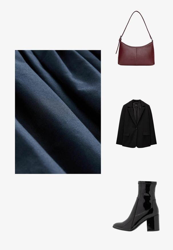 Schwarzer Blazer aus glattem Stoff mit einem Knopfverschluss, abgesetztem Revers und zwei vorderen Taschen. Minimalistisches Design, taillierte Passform.; Marineblauer Stoff mit glatter Textur, der vertikale Falten aufweist, die subtile Tiefe und Dimension erzeugen.; Schwarze, lackierte Knöchelstiefel mit glatter Textur, spitzem Zeh und strukturiertem Blockabsatz. Verfügt über ein reißverschlussfreies Design und kontrastierende Nähte.; Bordeauxfarbene Ledertasche mit geschwungener Form, einem einzigen Schulterriemen und gesteppten Details in der Mitte. Glatte Textur, minimales Zubehör.