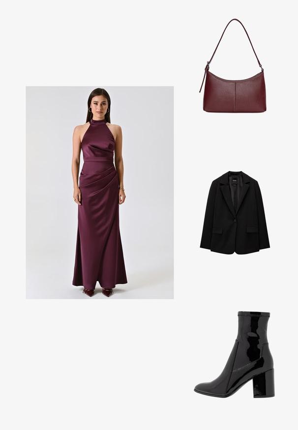 Blazer nero realizzato in tessuto morbido con chiusura a un bottone, revers a punta e due tasche frontali. Design minimalista, vestibilità sartoriale.; Abito in satin bordeaux con scollo all'americana, dotato di corpetto aderente e gonna drappeggiata. Presenta una texture liscia e uno spacco laterale, accentuato da eleganti scarpe rosse.; Stivale alla caviglia in patent nero con una texture liscia, punta appuntita e tacco a blocco strutturato. Presenta un design senza zip e cuciture a contrasto.; Borsa a tracolla in pelle bordeaux con forma curvata, una sola tracolla e dettagli cuciti al centro. Texture liscia, hardware minimale.