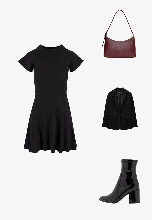 Musta bleiseri, joka on valmistettu sileästä kankaasta, yksittäisellä nappikiinnityksellä, viistetyt kaulukset ja kaksi etutaskua. Minimalistinen muotoilu, istuva leikkaus.; Musta lyhythihainen mekko, jossa on muotoiltu vartalo ja levenevä hame, valmistettu sileästä, joustavasta kankaasta. Yksinkertainen muotoilu ilman kuvioita tai koristeita.; Musta lakattu nilkkuri, jossa on sileä pinta, terävä kärki ja jämäkkä lohko korko. Suunnittelussa ei ole vetoketjua ja siinä on kontrastiväriompeleet.; Maroon-värinen nahkalaukku, jossa on kaareva muoto, yksi olkahihna ja keskellä ommeltu yksityiskohta. Sileä pinta, minimaalinen varustelu.