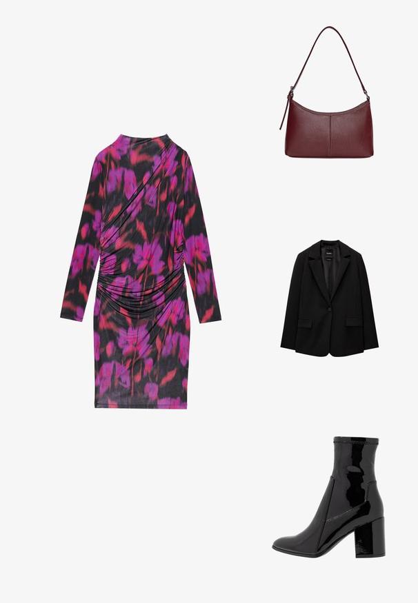 Črn blazer iz gladkega blaga z zapiranjem na en gumb, zarezanimi reverji in dvema sprednjima žepoma. Minimalističen dizajn, krojen pristen fit.; Kratka obleka z dolgimi rokavi iz črne tkanine s cvetličnim vzorcem v roza in rdeči barvi, z drapirano zasnovo in nabranimi stranicami za teksturo.; Črne lakaste gležnjarje z gladko teksturo, koničastim nosom in strukturiranim blokastim peto. Imajo zasnovo brez zadrge in kontrastno šivanje.; Bordo usnjeni ročni torbici s ukrivljeno obliko, enim ramenskim trakom in šivanjem na sredini. Gladka tekstura, minimum kovinskih dodatkov.