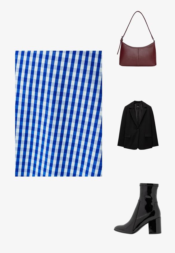 Černý blazer vyrobený z hladké tkaniny s jednotlivým knoflíkovým zapínáním, klopovými límci a dvěma předními kapsami. Minimalistický design, perfektní střih.; Modrý a bílý kostkovaný materiál s kontrolovaným vzorem, který obsahuje rovnoměrné čtverce. Textura se zdá být hladká a tkaná.; Černé lakované kotníkové boty s hladkým povrchem, špičatou špičkou a strukturovaným blokovým podpatkem. Obsahují design bez zipu a kontrastní švy.; Vínová kožená kabelka s zakřiveným tvarem, jediným ramenním popruhem a prošíváním ve středu. Hladký povrch, minimální kovové prvky.