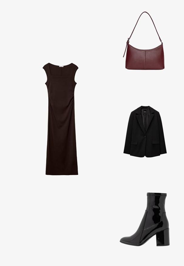 Czarna marynarka wykonana z gładkiego materiału, z pojedynczym zapięciem na guzik, wykrojonymi klapami i dwoma przednimi kieszeniami. Minimalistyczny design, dopasowany krój.; Stradivarius - Sukienka z dżerseju; Czarne lakierowane botki za kostkę o gładkiej fakturze, z ostro zakończonym noskiem i wyraźnym blokowym obcasem. Charakteryzują się brakiem zamka oraz kontrastowym przeszyciem.; Bordowa torebka skórzana o zaokrąglonym kształcie, z jednym paskiem na ramię i przeszyciami w centrum. Gładka faktura, minimalna ilość elementów metalowych.