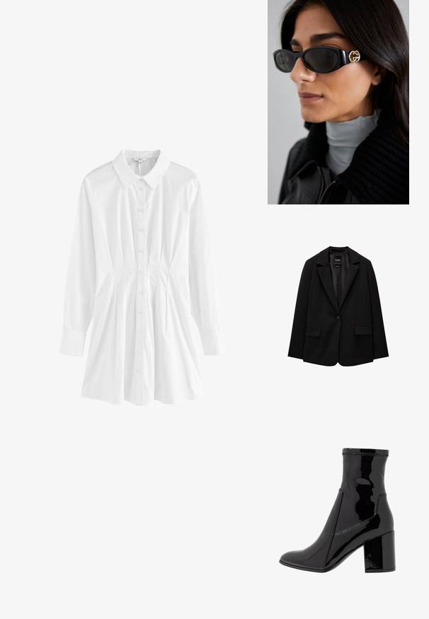 Musta bleiseri, joka on valmistettu sileästä kankaasta, yksittäisellä nappikiinnityksellä, viistetyt kaulukset ja kaksi etutaskua. Minimalistinen muotoilu, istuva leikkaus.; Valkoinen napitettu paita, jossa on kaulus, pitkät hihat ja poimutetut yksityiskohdat sivuilla. Valmistettu kevyestä kankaasta, jossa on sileä rakenne.; Musta lakattu nilkkuri, jossa on sileä pinta, terävä kärki ja jämäkkä lohko korko. Suunnittelussa ei ole vetoketjua ja siinä on kontrastiväriompeleet.; Mustat aurinkolasit, joissa on tyylikäs suorakulmainen kehys ja kultainen logo-akkentti sivussa. Tumma linssit ja kiiltävä pinta ovat huomattavissa.; Maroon-värinen nahkalaukku, jossa on kaareva muoto, yksi olkahihna ja keskellä ommeltu yksityiskohta. Sileä pinta, minimaalinen varustelu.