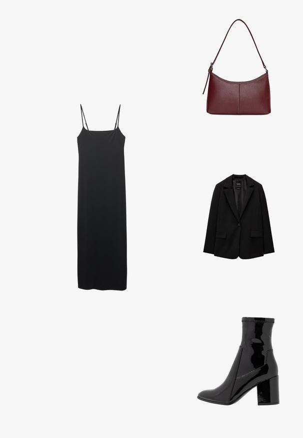 Czarna marynarka wykonana z gładkiego materiału, z pojedynczym zapięciem na guzik, wykrojonymi klapami i dwoma przednimi kieszeniami. Minimalistyczny design, dopasowany krój.; Czarna sukienka bez rękawów, uszyta z gładkiego materiału, z cienkimi ramiączkami i prostym fasonem, sięgająca do połowy łydki.; Czarne lakierowane botki za kostkę o gładkiej fakturze, z ostro zakończonym noskiem i wyraźnym blokowym obcasem. Charakteryzują się brakiem zamka oraz kontrastowym przeszyciem.; Bordowa torebka skórzana o zaokrąglonym kształcie, z jednym paskiem na ramię i przeszyciami w centrum. Gładka faktura, minimalna ilość elementów metalowych.