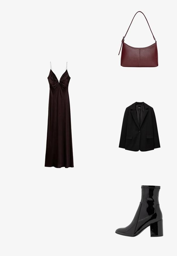 Čierny blejzer vyrobený z hladkej tkaniny s jedným gombíkom, klapkovými nohavicami a dvomi prednými vreckami. Minimalistický dizajn, strih na mieru.; Saténové čierne šaty s hlbokým výstrihom do V, tenkými nastaviteľnými ramienkami a zberaným detailom vpredu, splývajúce až po dĺžku hem.; Čierne lakované členkové čižmy s hladkým povrchom, špicatou špičkou a pevným blokovým opätkom. Disponujú dizajnom bez zipsu a kontrastným prešívaním.; Bordová kožená kabelka s zakriveným tvarom, s jedným ramenným popruhom a prešitými detailmi v strede. Hladký povrch, minimalistické príslušenstvo.