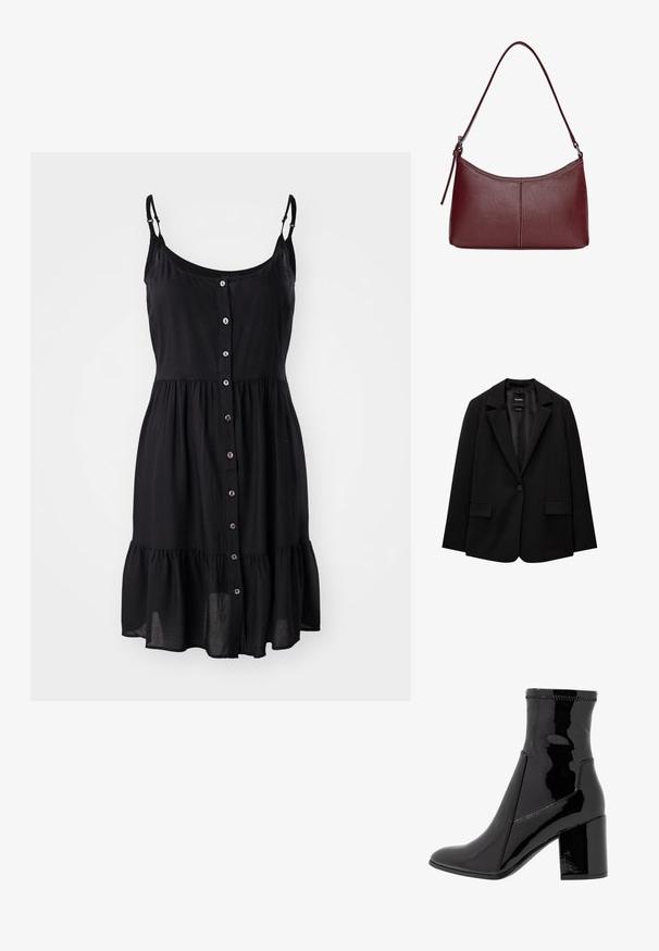 Črn blazer iz gladkega blaga z zapiranjem na en gumb, zarezanimi reverji in dvema sprednjima žepoma. Minimalističen dizajn, krojen pristen fit.; Črna brezrokavna obleka z gumbi spredaj, nabrano robom in nastavljivimi trakovi, izdelana iz lahkotnega materiala.; Črne lakaste gležnjarje z gladko teksturo, koničastim nosom in strukturiranim blokastim peto. Imajo zasnovo brez zadrge in kontrastno šivanje.; Bordo usnjeni ročni torbici s ukrivljeno obliko, enim ramenskim trakom in šivanjem na sredini. Gladka tekstura, minimum kovinskih dodatkov.
