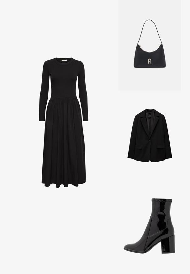 Črn blazer iz gladkega blaga z zapiranjem na en gumb, zarezanimi reverji in dvema sprednjima žepoma. Minimalističen dizajn, krojen pristen fit.; Črna obleka z dolgimi rokavi z rebrastim zgornjim delom in razpokanim, nabranim krilom. Ima okroglo izrez in dolžino do meč.; Črne lakaste gležnjarje z gladko teksturo, koničastim nosom in strukturiranim blokastim peto. Imajo zasnovo brez zadrge in kontrastno šivanje.; Črna torba za rame, izdelana iz gladkega materiala, s poševno obliko, zlatim zadrgo in zlatim embossiranim logotipom na sprednji strani.