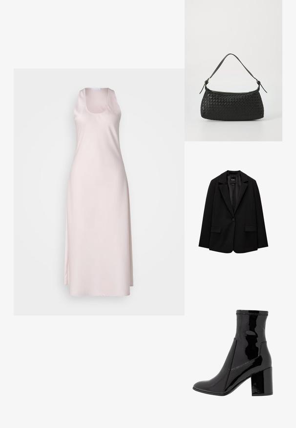 Sacou negru din țesătură fină, cu închidere cu un singur nasture, rever cu colțuri și două buzunare frontale. Design minimalist, croi ajustat.; Rochie din satin roz deschis, cu un design fără mâneci, decolteu pătrat și o siluetă fluidă care ajunge până la glezne. Textură netedă.; Botine negre din patent, cu o textură netedă, vârf ascuțit și un toc bloc structurat. Prezintă un design fără fermoar și cusături contrastante.; Geantă de umăr împletită, de culoare neagră, cu o curea din piele netedă și închidere cu fermoar. Are o suprafață texturată și o formă curbată.