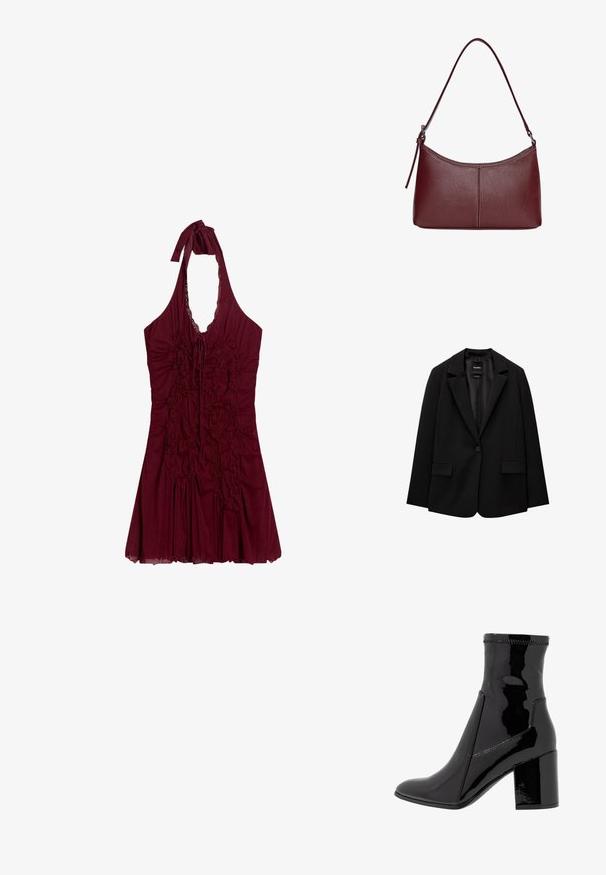 Sacou negru din țesătură fină, cu închidere cu un singur nasture, rever cu colțuri și două buzunare frontale. Design minimalist, croi ajustat.; Rochie fără mâneci, de culoare burgundy, tip halter, cu un front plisat și un guler legat, având o fustă evazată și dantelă pe marginea gâtului.; Botine negre din patent, cu o textură netedă, vârf ascuțit și un toc bloc structurat. Prezintă un design fără fermoar și cusături contrastante.; Geantă din piele bordo cu o formă curbată, un singur mânere pentru umăr și detalii cusute în centru. Textură netedă, hardware minim.
