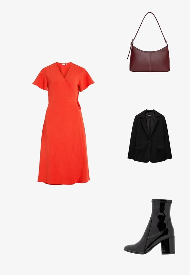 Črn blazer iz gladkega blaga z zapiranjem na en gumb, zarezanimi reverji in dvema sprednjima žepoma. Minimalističen dizajn, krojen pristen fit.; VILA VILOVIE WRAP DRESS - Dnevna obleka - poppy red; Črne lakaste gležnjarje z gladko teksturo, koničastim nosom in strukturiranim blokastim peto. Imajo zasnovo brez zadrge in kontrastno šivanje.; Bordo usnjeni ročni torbici s ukrivljeno obliko, enim ramenskim trakom in šivanjem na sredini. Gladka tekstura, minimum kovinskih dodatkov.
