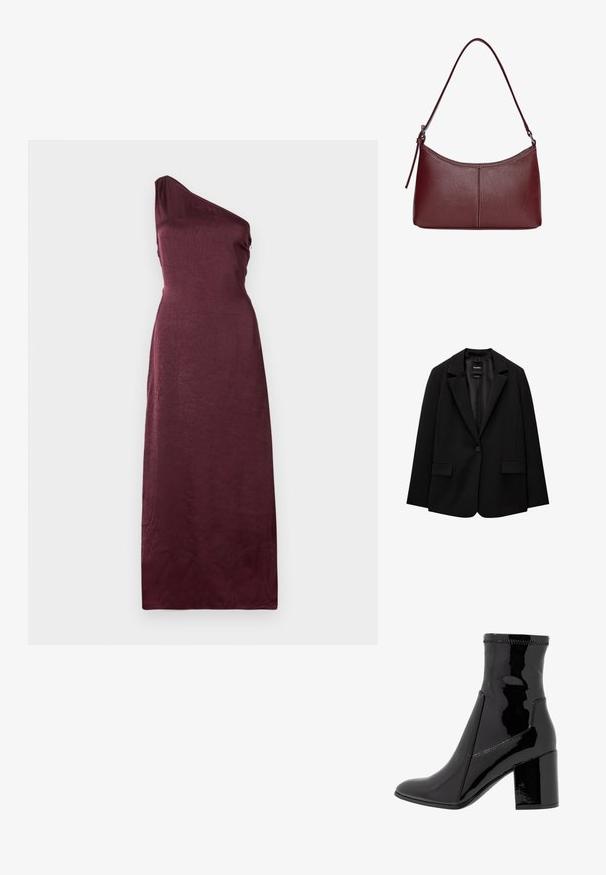 Črn blazer iz gladkega blaga z zapiranjem na en gumb, zarezanimi reverji in dvema sprednjima žepoma. Minimalističen dizajn, krojen pristen fit.; Tops-to-ramena, dolga večerna obleka iz globoko burgundske satenske tkanine z rahlim teksturiranim vzorcem.; Črne lakaste gležnjarje z gladko teksturo, koničastim nosom in strukturiranim blokastim peto. Imajo zasnovo brez zadrge in kontrastno šivanje.; Bordo usnjeni ročni torbici s ukrivljeno obliko, enim ramenskim trakom in šivanjem na sredini. Gladka tekstura, minimum kovinskih dodatkov.