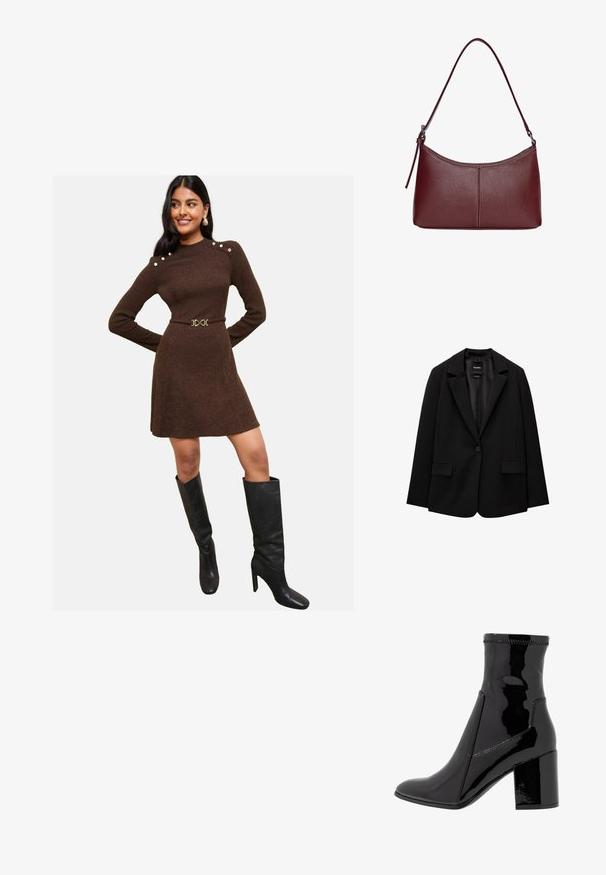 Schwarzer Blazer aus glattem Stoff mit einem Knopfverschluss, abgesetztem Revers und zwei vorderen Taschen. Minimalistisches Design, taillierte Passform.; Braunes geripptes Kleid mit langen Ärmeln, Schulterknöpfen und tailliertem Schnitt, kombiniert mit eleganten schwarzen Stiefeln bis zum Knie.; Schwarze, lackierte Knöchelstiefel mit glatter Textur, spitzem Zeh und strukturiertem Blockabsatz. Verfügt über ein reißverschlussfreies Design und kontrastierende Nähte.; Bordeauxfarbene Ledertasche mit geschwungener Form, einem einzigen Schulterriemen und gesteppten Details in der Mitte. Glatte Textur, minimales Zubehör.