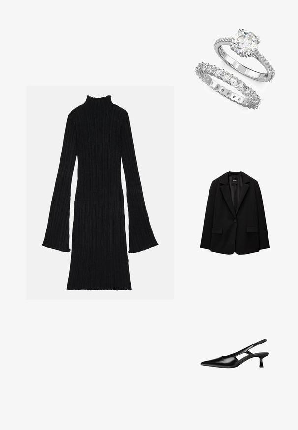 Crna jakna od glatkog materijala s jednom dugmadi, s urezanim reverima i dva prednja džepa. Minimalistički dizajn, kroj prilagođen figuri.; Crna rebrasta haljina s lažnim ovratnikom i raširenim rukavima. Tkanina ima teksturirani, vertikalni uzorak. Rub je blago valovit.; Crne lakirane natikače na remenčić sa špicastim nosom, dizajnom sa izrezima sa strane i malim kvadratnim potplatom. Glatka tekstura s minimalnim akcentima.; Bordo kožna torba s zakrivljenim oblikom, jednim remenom za rame i šivenim detaljima na sredini. Glatka tekstura, minimalni dodaci.; Prsten za zaruke od bijelog zlata s okruglim središnjim kamenom i pratećom trakom s više manjih kamenčića.
