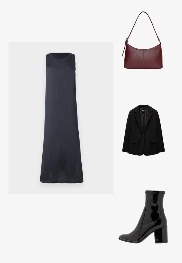 Svart blazer i slätt tyg med enknappsstängning, spetsig krage och två framfickor. Minimalistisk design, skräddarsydd passform.; Ärm- och mönsterfri, lång klänning i mörk marinblått tyg. Har en rund halsringning och en smidig, flytande silhuett utan synliga mönster eller detaljer.; Svart lackankelboot med en slät yta, spetsig tå och en strukturerad blockklack. Har en dragkedjelös design och kontrasterande sömmar.; Vinröd läderhandväska med en böjd form, en enkel axelrem och sömnadsdetaljer i mitten. Slät textur, minimal hårdvara.