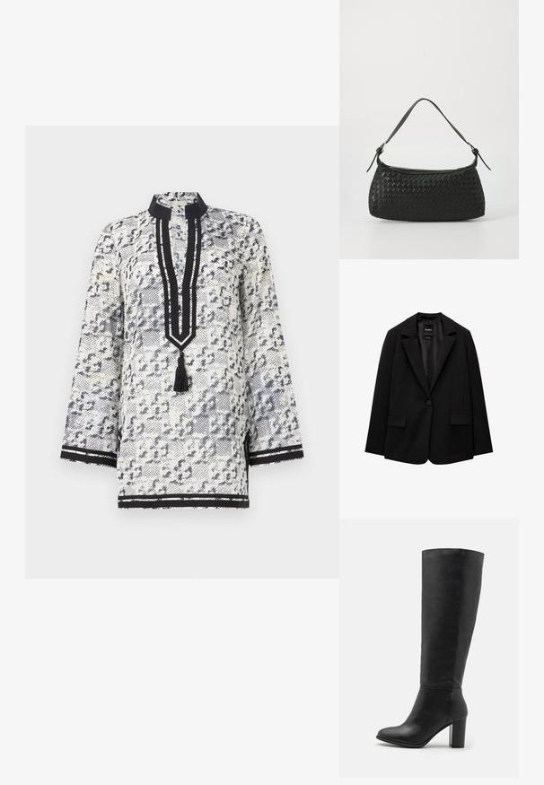Fekete blézer sima szövetből, egy gombos záródással, bemetszett gallérral és két elülső zsebbel. Minimalista dizájn, testreszabott fazon.; Fehér és tengerészkék mintás tunika mandarin gallérral, háromnegyedes ujjakkal, zsinórral ellátott gombolással és fekete csíkos díszítésekkel.; Fekete, térdközépig érő csizma, sima bőrből készült, vastag sarkú és kerek orrú. Minimalista dizájn, látható fémrészek vagy díszítés nélkül.; Fekete szőtt válltáska sima bőrszíjjal és cipzáros záródással. Texturált felülete és ívelt formája van.