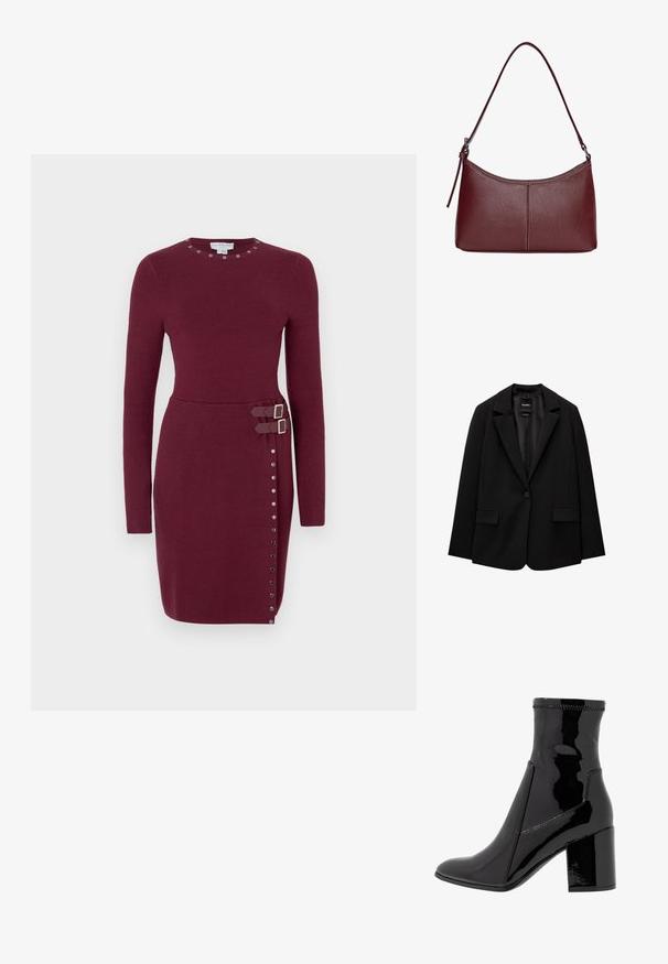 Czarna marynarka wykonana z gładkiego materiału, z pojedynczym zapięciem na guzik, wykrojonymi klapami i dwoma przednimi kieszeniami. Minimalistyczny design, dopasowany krój.; Burgundowa, dopasowana sukienka wykonana z dzianiny. Posiada długie rękawy, okrągły dekolt z ćwiekami oraz akcenty w postaci klamer w talii z dodatkowymi guzikami.; Czarne lakierowane botki za kostkę o gładkiej fakturze, z ostro zakończonym noskiem i wyraźnym blokowym obcasem. Charakteryzują się brakiem zamka oraz kontrastowym przeszyciem.; Bordowa torebka skórzana o zaokrąglonym kształcie, z jednym paskiem na ramię i przeszyciami w centrum. Gładka faktura, minimalna ilość elementów metalowych.