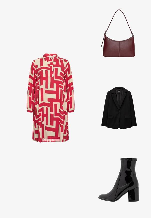 Fekete blézer sima szövetből, egy gombos záródással, bemetszett gallérral és két elülső zsebbel. Minimalista dizájn, testreszabott fazon.; Piros és bézs mintás ruha, galléros nyakkal, háromnegyedes ujjakkal és geometrikus mintákkal az anyagon.; Fekete lakk bokacsizma sima felülettel, hegyes orral és struktúrált tömbsarkal. Cipzár nélküli kialakítással és kontrasztos varrással rendelkezik.; Bordó bőr kézitáska ívelt formával, egyetlen vállpánttal és varrott díszítéssel a középen. Simás textúra, minimális fémalkatrészek.