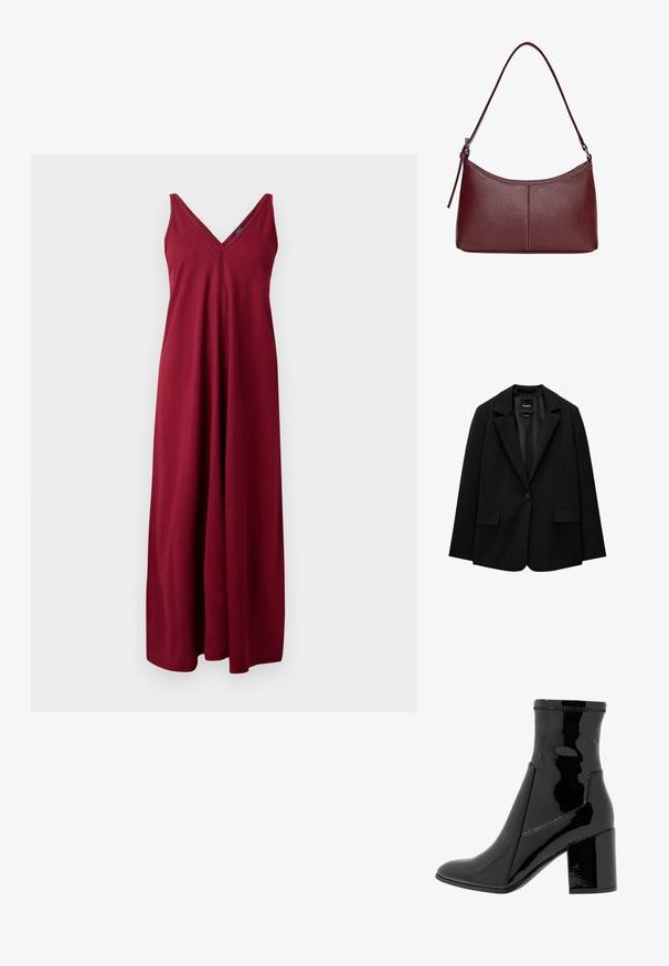 Čierny blejzer vyrobený z hladkej tkaniny s jedným gombíkom, klapkovými nohavicami a dvomi prednými vreckami. Minimalistický dizajn, strih na mieru.; Bordová bezrukávová maxi šaty s V-výstrihom, vyrobené z jemnej látky, s voľným strihom a dĺžkou po zem.; Čierne lakované členkové čižmy s hladkým povrchom, špicatou špičkou a pevným blokovým opätkom. Disponujú dizajnom bez zipsu a kontrastným prešívaním.; Bordová kožená kabelka s zakriveným tvarom, s jedným ramenným popruhom a prešitými detailmi v strede. Hladký povrch, minimalistické príslušenstvo.
