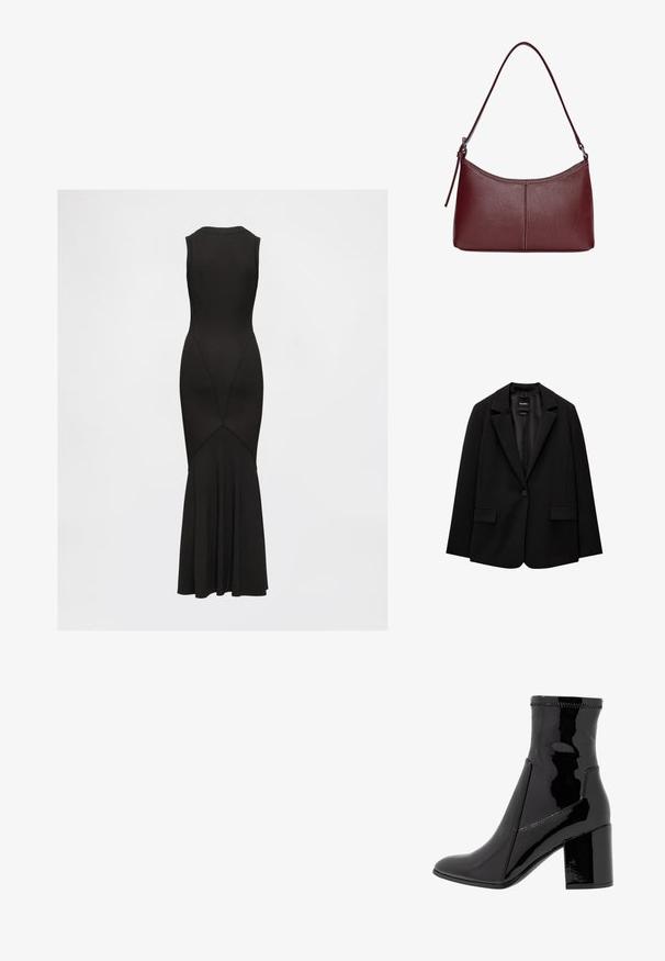 Sacou negru din țesătură fină, cu închidere cu un singur nasture, rever cu colțuri și două buzunare frontale. Design minimalist, croi ajustat.; Rochie neagră fără mâneci, cu un corp ajustat, fustă evazată, cusături verticale și decolteu rotund. Confecționată dintr-un material neted și elastic.; Botine negre din patent, cu o textură netedă, vârf ascuțit și un toc bloc structurat. Prezintă un design fără fermoar și cusături contrastante.; Geantă din piele bordo cu o formă curbată, un singur mânere pentru umăr și detalii cusute în centru. Textură netedă, hardware minim.