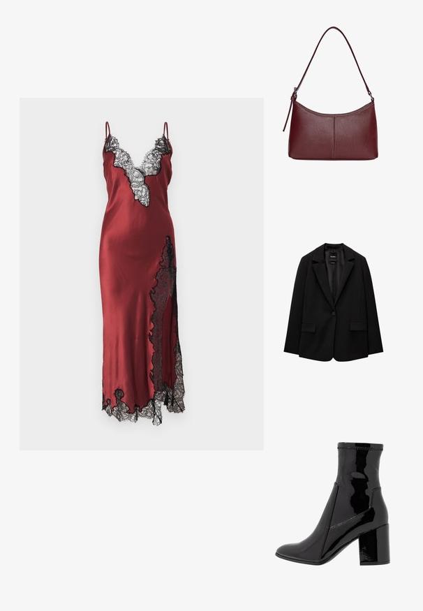 Musta bleiseri, joka on valmistettu sileästä kankaasta, yksittäisellä nappikiinnityksellä, viistetyt kaulukset ja kaksi etutaskua. Minimalistinen muotoilu, istuva leikkaus.; Burgundinpunainen satiininen liivimekko, jossa mustaa pitsikoristetta pääntiessä ja helmassa. Mekossa säädettävät spaghettiolkaimet ja vartalonmyötäinen siluetti.; Musta lakattu nilkkuri, jossa on sileä pinta, terävä kärki ja jämäkkä lohko korko. Suunnittelussa ei ole vetoketjua ja siinä on kontrastiväriompeleet.; Maroon-värinen nahkalaukku, jossa on kaareva muoto, yksi olkahihna ja keskellä ommeltu yksityiskohta. Sileä pinta, minimaalinen varustelu.