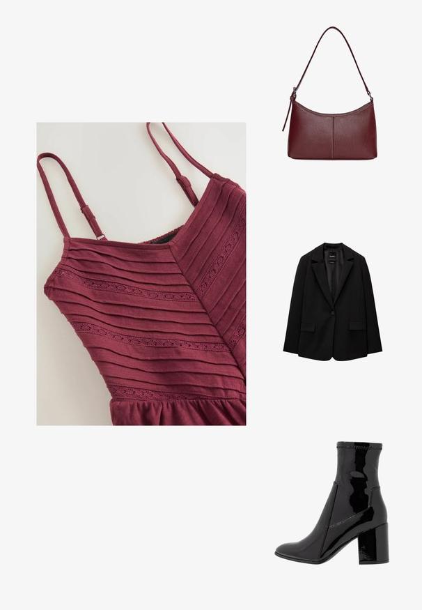 Musta bleiseri, joka on valmistettu sileästä kankaasta, yksittäisellä nappikiinnityksellä, viistetyt kaulukset ja kaksi etutaskua. Minimalistinen muotoilu, istuva leikkaus.; Burgundin mekko, jossa on pystysuuntainen ribbitekstuuri, verkkohihnat ja koristeellinen rei'itetty kuvio rinnan lähellä. Pyöristetty helma alareunassa.; Musta lakattu nilkkuri, jossa on sileä pinta, terävä kärki ja jämäkkä lohko korko. Suunnittelussa ei ole vetoketjua ja siinä on kontrastiväriompeleet.; Maroon-värinen nahkalaukku, jossa on kaareva muoto, yksi olkahihna ja keskellä ommeltu yksityiskohta. Sileä pinta, minimaalinen varustelu.