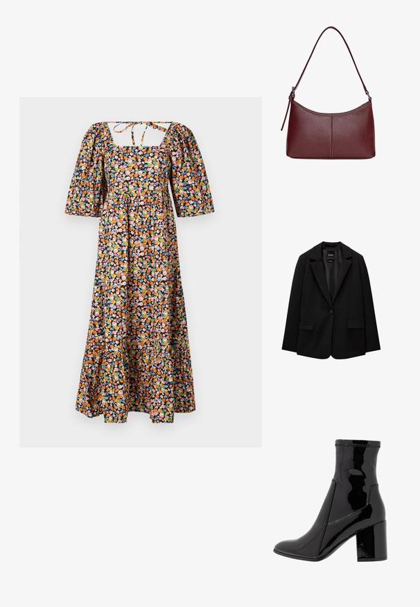 Černý blazer vyrobený z hladké tkaniny s jednotlivým knoflíkovým zapínáním, klopovými límci a dvěma předními kapsami. Minimalistický design, perfektní střih.; Květinové maxi šaty se čtvercovým výstřihem, nabíranými rukávy a vypasovaným korzetem. Mají černé pozadí s vícebarevnými květinovými vzory.; Černé lakované kotníkové boty s hladkým povrchem, špičatou špičkou a strukturovaným blokovým podpatkem. Obsahují design bez zipu a kontrastní švy.; Vínová kožená kabelka s zakřiveným tvarem, jediným ramenním popruhem a prošíváním ve středu. Hladký povrch, minimální kovové prvky.