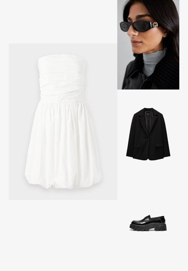 Čierny blejzer vyrobený z hladkej tkaniny s jedným gombíkom, klapkovými nohavicami a dvomi prednými vreckami. Minimalistický dizajn, strih na mieru.; Biele bezramienkové šaty s naťahovaným telom a z gathered sukňou, s hladkou textúrou a krátkym bublinkovým lemom.; Čierne kožené loafers s robustnou gumovou podrážkou, dekoratívny popruh cez vrch a kontrastné biele prešívanie. Hladký povrch s okrúhlym špičkou.; Čierne slnečné okuliare s elegantným obdĺžnikovým rámom a zlatým logom na boku. Tmavé šošovky a lesklý povrch sú výrazné.; Červená kožená taška cez rameno s zakriveným dizajnom, hladkou textúrou a zipsovým uzáverom. Obsahuje tenký popruh na nosenie.