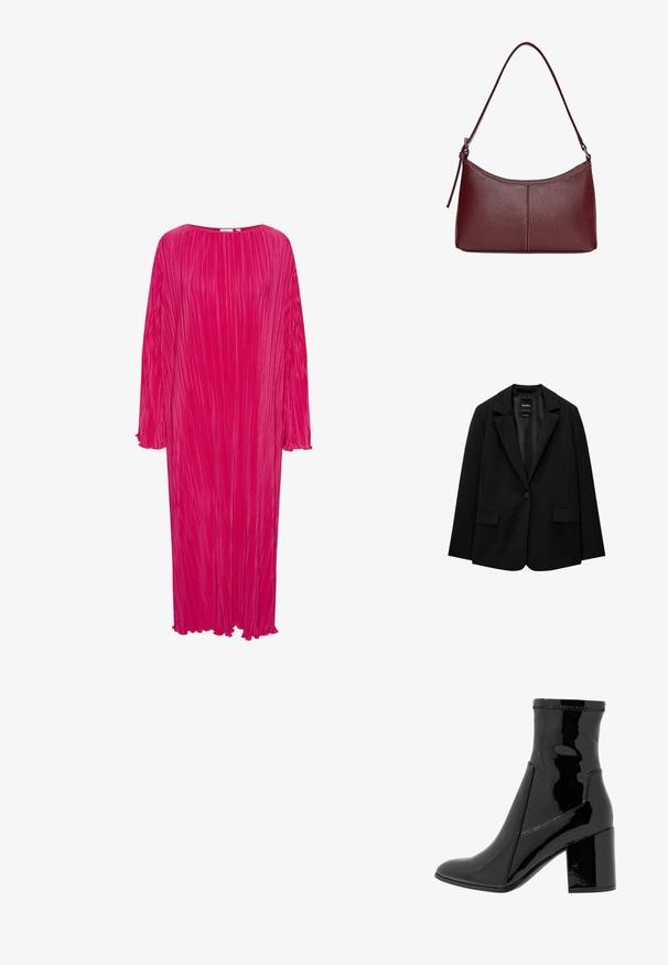 Crna jakna od glatkog materijala s jednom dugmadi, s urezanim reverima i dva prednja džepa. Minimalistički dizajn, kroj prilagođen figuri.; Duga, široka, svijetlo ružičasta haljina s vertikalnim naborima, okruglim izrezom i dugim rukavima; sadrži istrgnute manžete i rubove.; Crne lakirane gležnjače sa glatkom teksturom, šiljastim prstom i strukturiranim blok potpeticama. Posjeduje dizajn bez zatvarača i kontrastno šivenje.; Bordo kožna torba s zakrivljenim oblikom, jednim remenom za rame i šivenim detaljima na sredini. Glatka tekstura, minimalni dodaci.