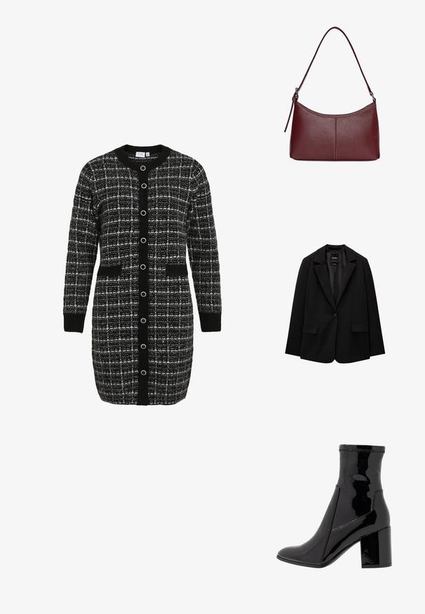 Fekete blézer sima szövetből, egy gombos záródással, bemetszett gallérral és két elülső zsebbel. Minimalista dizájn, testreszabott fazon.; Fekete-fehér kockás kardigán kerek gallérral, hosszú ujjakkal, elülső zsebekkel és kontrasztos fekete gombos záróval. Kötött textúra.; Fekete lakk bokacsizma sima felülettel, hegyes orral és struktúrált tömbsarkal. Cipzár nélküli kialakítással és kontrasztos varrással rendelkezik.; Bordó bőr kézitáska ívelt formával, egyetlen vállpánttal és varrott díszítéssel a középen. Simás textúra, minimális fémalkatrészek.