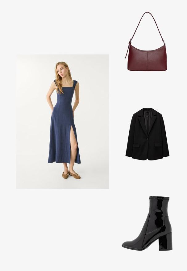Blazer noir en tissu lisse avec une fermeture à bouton unique, des revers crantés et deux poches avant. Design minimaliste, coupe ajustée.; Robe maxi en lin bleu marine avec encolure carrée, bretelles à volants et fente sur le côté. Associée à des chaussures marron avec des rivets en argent.; Bottine noire en vernis avec une texture lisse, bout pointu et un talon bloc structuré. Caractérisée par un design sans fermeture éclair et des coutures contrastées.; Sac à main en cuir bordeaux avec une forme arrondie, une bandoulière unique et des coutures au centre. Texture lisse, matériel minimal.