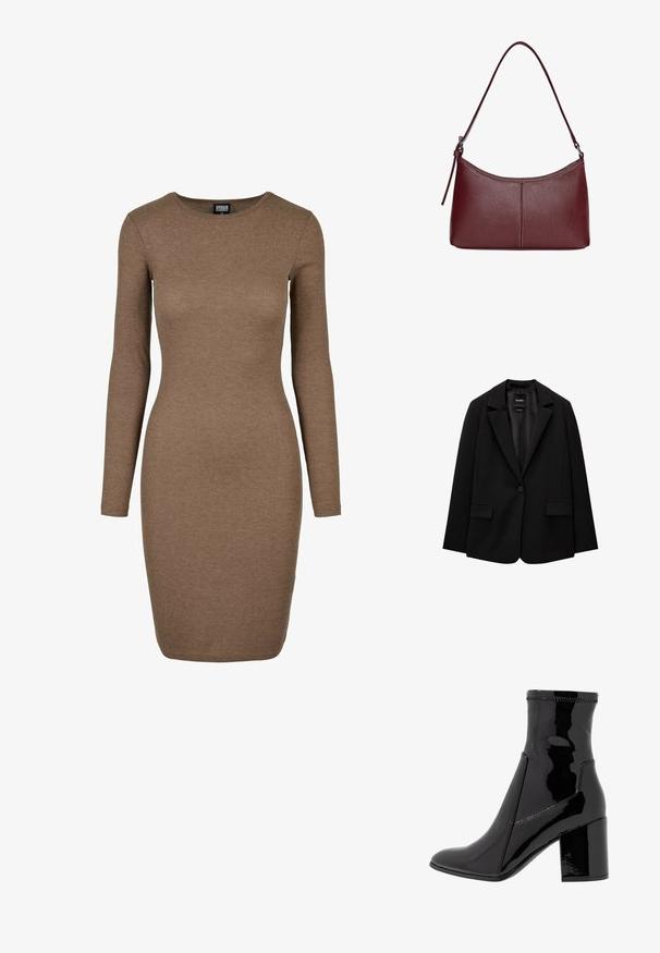 Sacou negru din țesătură fină, cu închidere cu un singur nasture, rever cu colțuri și două buzunare frontale. Design minimalist, croi ajustat.; Rochie cu maneci lungi și textură în relief, de culoare maro închis. Are un decolteu rotund și o siluetă ajustată, realizată dintr-o țesătură elastică.; Botine negre din patent, cu o textură netedă, vârf ascuțit și un toc bloc structurat. Prezintă un design fără fermoar și cusături contrastante.; Geantă din piele bordo cu o formă curbată, un singur mânere pentru umăr și detalii cusute în centru. Textură netedă, hardware minim.