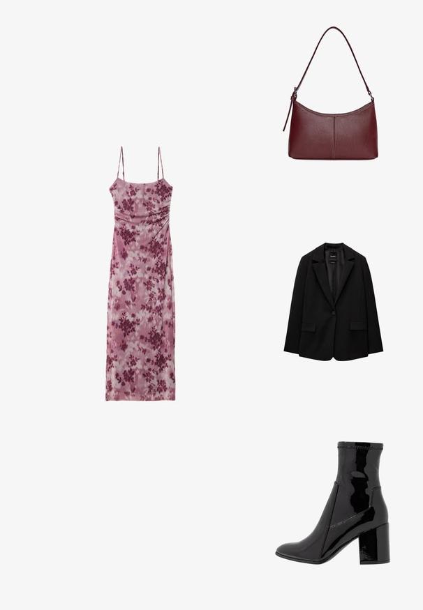 Sort blazer lavet af glat stof med enkelt knaplukning, klaplapper og to frontlommer. Minimalistisk design, skræddersyet pasform.; Ermeløs kjole i et lyse lilla stof med blomsterprint i mørkere lilla nuancer. Har en tætsiddende liv og draperede detaljer på skørtet.; Sorte patent ankelstøvler med en glat overflade, spidse tå og en struktureret blokhæl. Uden lynlås og med kontrasterende syninger.; Kastanjebrun læderhåndtaske med en buet form, en enkelt skulderrem og syninger i midten. Glat tekstur, minimal hardware.