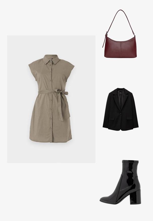 Čierny blejzer vyrobený z hladkej tkaniny s jedným gombíkom, klapkovými nohavicami a dvomi prednými vreckami. Minimalistický dizajn, strih na mieru.; Khaki ľanové šaty s krátkymi rukávmi, zapínaním na gombíky a pásom v páse. Majú golier a voľný siluet, pričom ponúkajú jemnú textúru.; Čierne lakované členkové čižmy s hladkým povrchom, špicatou špičkou a pevným blokovým opätkom. Disponujú dizajnom bez zipsu a kontrastným prešívaním.; Bordová kožená kabelka s zakriveným tvarom, s jedným ramenným popruhom a prešitými detailmi v strede. Hladký povrch, minimalistické príslušenstvo.