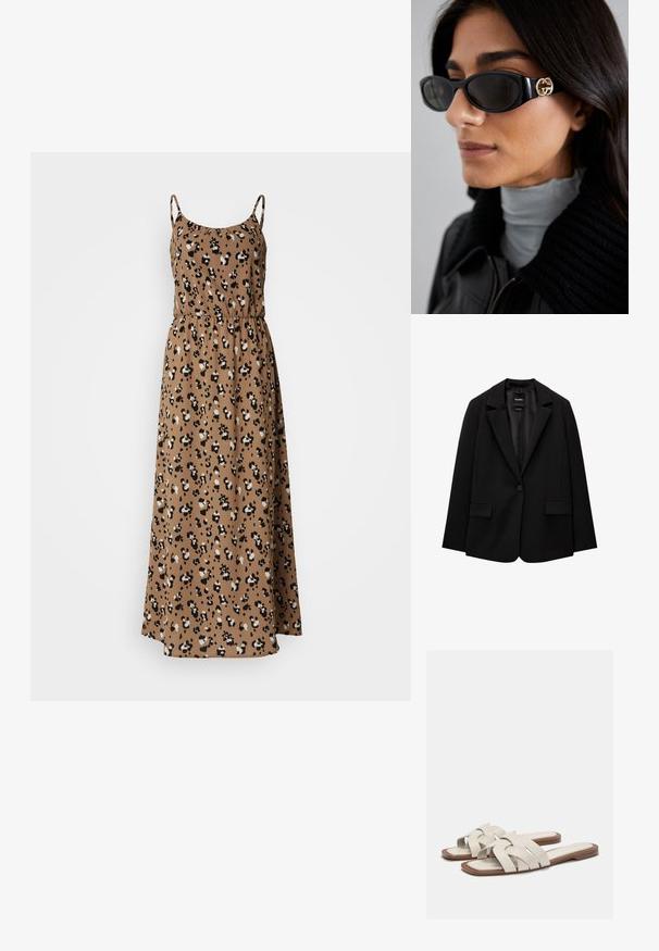 Fekete blézer sima szövetből, egy gombos záródással, bemetszett gallérral és két elülső zsebbel. Minimalista dizájn, testreszabott fazon.; Barna színű maxi ruha leopárd minta mintázattal, vékony pántokkal, elasztikus derékkal és laza sziluettel.; Világos bézs csúszó szandál szőtt pántokkal, lapos talppal és minimalista dizájnnal. Sima textúra finom színkontrasztos kiegészítőkkel.; Fekete napszemüveg, sima, téglalap alakú kerettel, arany logóval az oldalon. Sötét lencsék és fényes felület jellemzi.