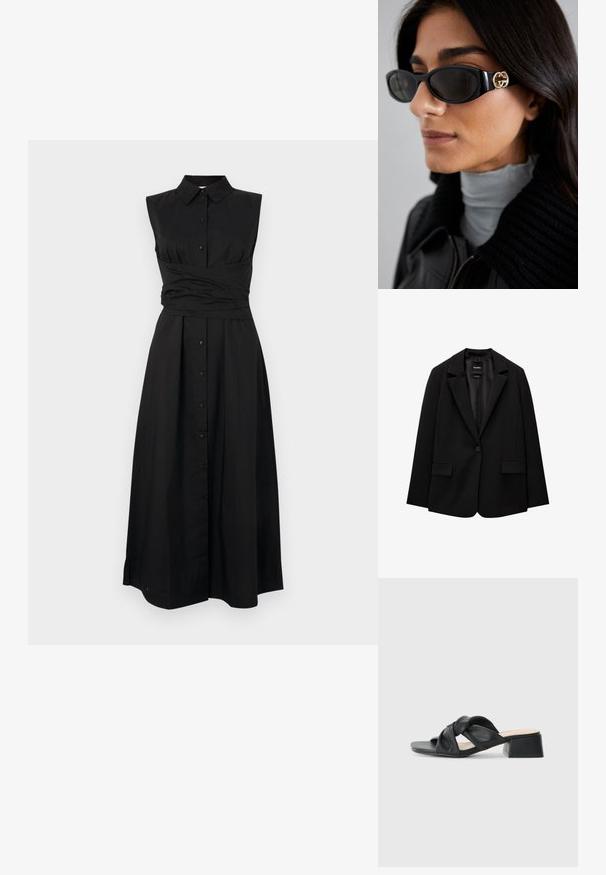 Crna jakna od glatkog materijala s jednom dugmadi, s urezanim reverima i dva prednja džepa. Minimalistički dizajn, kroj prilagođen figuri.; Crna haljina bez rukava s dugmadi sprijeda i strukiranim dijelom. Izrađena od glatkog materijala, ima ovratnik i punu suknju.; Crna kožna sandala s uvijenim gornjim dizajnom, kvadratnim vrhom i niskom blok petom, s glatkom teksturom i minimalističkim stilom.; Crne sunčane naočale sa elegantnim pravokutnim okvirom i zlatnim logotipom na strani. Tamna stakla i sjajni finiš su istaknuti.