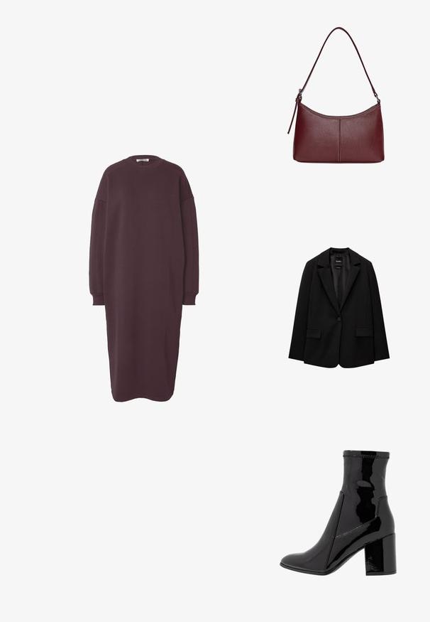 Schwarzer Blazer aus glattem Stoff mit einem Knopfverschluss, abgesetztem Revers und zwei vorderen Taschen. Minimalistisches Design, taillierte Passform.; Übergroßes langärmeliges Kleid in tiefem Burgunderrot, aus weichem Stoff, mit einem Rundhalsausschnitt und gerippten Bündchen für eine lockere Passform.; Schwarze, lackierte Knöchelstiefel mit glatter Textur, spitzem Zeh und strukturiertem Blockabsatz. Verfügt über ein reißverschlussfreies Design und kontrastierende Nähte.; Bordeauxfarbene Ledertasche mit geschwungener Form, einem einzigen Schulterriemen und gesteppten Details in der Mitte. Glatte Textur, minimales Zubehör.