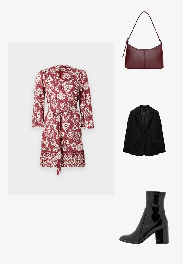 Sacou negru din țesătură fină, cu închidere cu un singur nasture, rever cu colțuri și două buzunare frontale. Design minimalist, croi ajustat.; Rochie cu model roșu și alb, cu talie legată, mâneci lungi și decolteu în V. Prezintă un design floral și geometric complex.; Botine negre din patent, cu o textură netedă, vârf ascuțit și un toc bloc structurat. Prezintă un design fără fermoar și cusături contrastante.; Geantă din piele bordo cu o formă curbată, un singur mânere pentru umăr și detalii cusute în centru. Textură netedă, hardware minim.