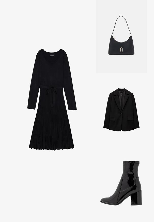 Musta bleiseri, joka on valmistettu sileästä kankaasta, yksittäisellä nappikiinnityksellä, viistetyt kaulukset ja kaksi etutaskua. Minimalistinen muotoilu, istuva leikkaus.; Musta mekko pitkillä hihoilla, pyöreällä kaula-aukolla ja vyötärölle sidottavalla vyöllä. Ominaisuuksiin kuuluu ribattu pinta ja ilmava, laskostettu hame.; Musta lakattu nilkkuri, jossa on sileä pinta, terävä kärki ja jämäkkä lohko korko. Suunnittelussa ei ole vetoketjua ja siinä on kontrastiväriompeleet.; Musta olkalaukku, joka on valmistettu tasaisesta materiaalista, ominaispiirteinään kaareva muoto, kultainen vetoketju ja kulta prässätty logo etupuolella.