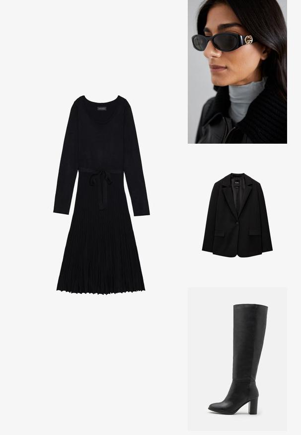Fekete blézer sima szövetből, egy gombos záródással, bemetszett gallérral és két elülső zsebbel. Minimalista dizájn, testreszabott fazon.; Fekete ruha hosszú ujjakkal, kerek kivágással és övvel ellátott derékkal. Bordázott textúrával és fodros, lebegő szoknyával rendelkezik.; Fekete, térdközépig érő csizma, sima bőrből készült, vastag sarkú és kerek orrú. Minimalista dizájn, látható fémrészek vagy díszítés nélkül.; Fekete napszemüveg, sima, téglalap alakú kerettel, arany logóval az oldalon. Sötét lencsék és fényes felület jellemzi.; Fekete válltáska sima anyagból, ívelt formával, arany cipzárral és arany fóliázott logóval az elején.