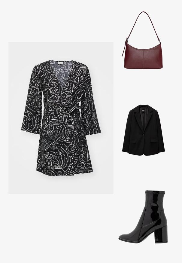 Sacou negru din țesătură fină, cu închidere cu un singur nasture, rever cu colțuri și două buzunare frontale. Design minimalist, croi ajustat.; Rochie neagră încrețită cu un model paisley alb, design cu guler în V, mâneci lungi evazate și talie legată. Material neted cu o textură ușoară.; Botine negre din patent, cu o textură netedă, vârf ascuțit și un toc bloc structurat. Prezintă un design fără fermoar și cusături contrastante.; Geantă din piele bordo cu o formă curbată, un singur mânere pentru umăr și detalii cusute în centru. Textură netedă, hardware minim.