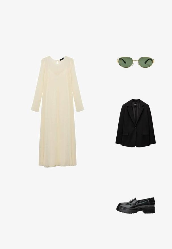 Crna jakna od glatkog materijala s jednom dugmadi, s urezanim reverima i dva prednja džepa. Minimalistički dizajn, kroj prilagođen figuri.; Krem haljina dugih rukava s izrezom u obliku ključa, izrađena od laganog materijala, s lepršavim siluetom i suptilnim sjajem.; Crne lakirane kožne mokasine s debelim potplatom, koje imaju dekorativnu traku i suptilne šavove. Guma na donjem dijelu potplata.; Smešak sunčanih naočala s okvirom zlatne boje i zelenim nijansama, ovalnog oblika, crnim drškama i prozirnim jastučićima za nos. Čist, minimalistički dizajn.