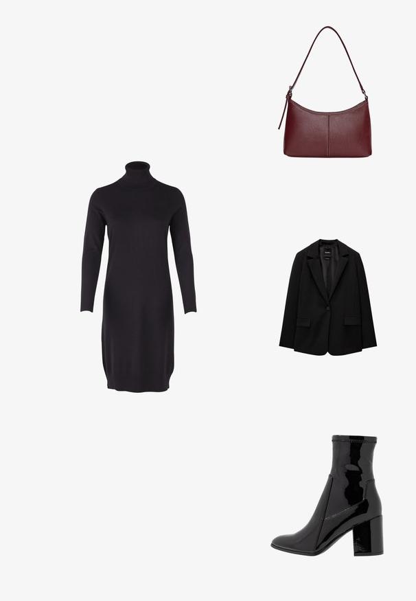 Črn blazer iz gladkega blaga z zapiranjem na en gumb, zarezanimi reverji in dvema sprednjima žepoma. Minimalističen dizajn, krojen pristen fit.; Črna obleka s turtleneck ovratnikom in dolgimi rokavi. Narejena iz mehkega, raztegljivega pletenega materiala. Ima oprijet kroj in rebraste manšete ter rob.; Črne lakaste gležnjarje z gladko teksturo, koničastim nosom in strukturiranim blokastim peto. Imajo zasnovo brez zadrge in kontrastno šivanje.; Bordo usnjeni ročni torbici s ukrivljeno obliko, enim ramenskim trakom in šivanjem na sredini. Gladka tekstura, minimum kovinskih dodatkov.